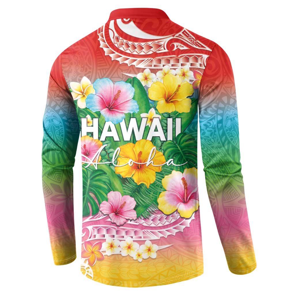 Hawaii Aloha Tropical Leaves and Flower Button Sweatshirt with Polynesian Art Tattoo Rainbow Color - Polynesian Pride