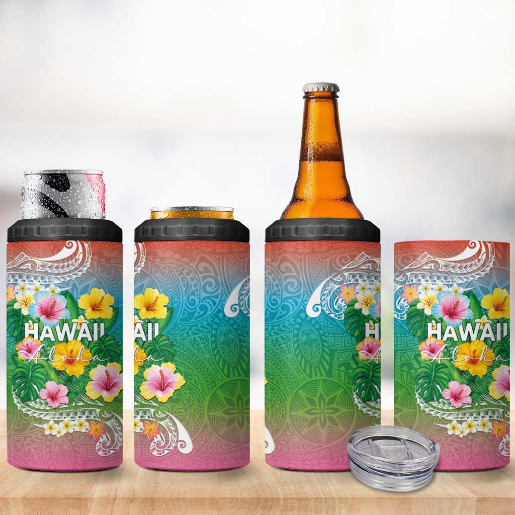 Hawaii Aloha Tropical Leaves and Flower 4 in 1 Can Cooler Tumbler with Polynesian Art Tattoo Rainbow Color - Polynesian Pride