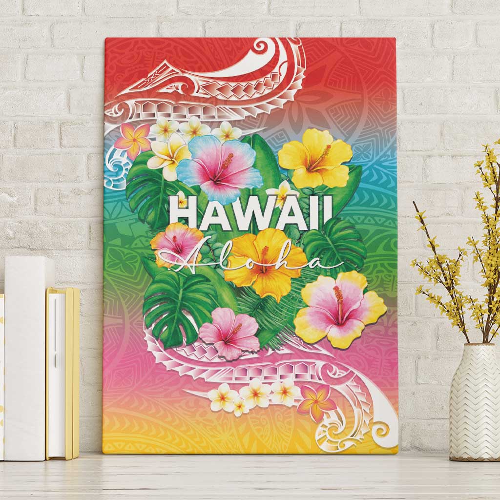 Hawaii Aloha Tropical Leaves and Flower Canvas Wall Art with Polynesian Art Tattoo Rainbow Color - Polynesian Pride