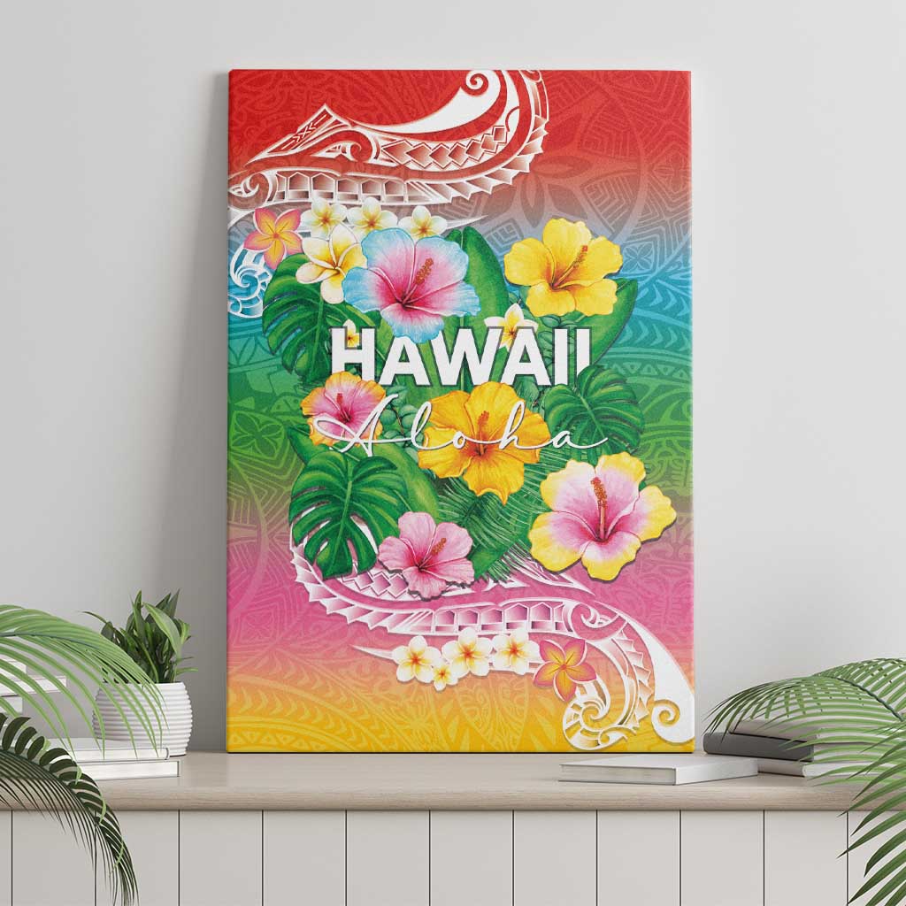 Hawaii Aloha Tropical Leaves and Flower Canvas Wall Art with Polynesian Art Tattoo Rainbow Color - Polynesian Pride