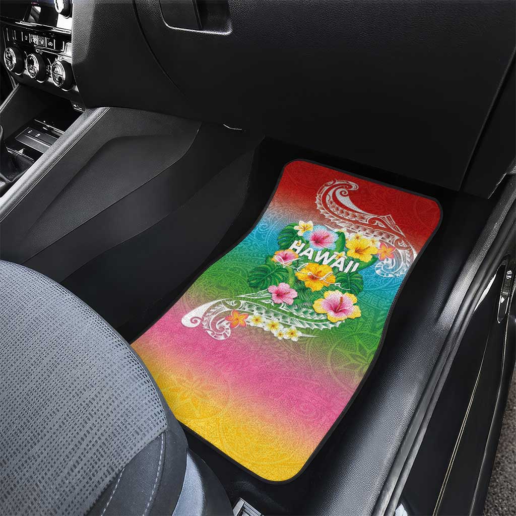 Hawaii Aloha Tropical Leaves and Flower Car Mats with Polynesian Art Tattoo Rainbow Color - Polynesian Pride