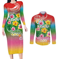Hawaii Aloha Tropical Leaves and Flower Couples Matching Long Sleeve Bodycon Dress and Long Sleeve Button Shirt with Polynesian Art Tattoo Rainbow Color - Polynesian Pride