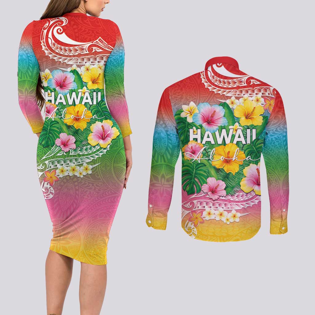 Hawaii Aloha Tropical Leaves and Flower Couples Matching Long Sleeve Bodycon Dress and Long Sleeve Button Shirt with Polynesian Art Tattoo Rainbow Color - Polynesian Pride