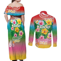 Hawaii Aloha Tropical Leaves and Flower Couples Matching Off Shoulder Maxi Dress and Long Sleeve Button Shirt with Polynesian Art Tattoo Rainbow Color - Polynesian Pride