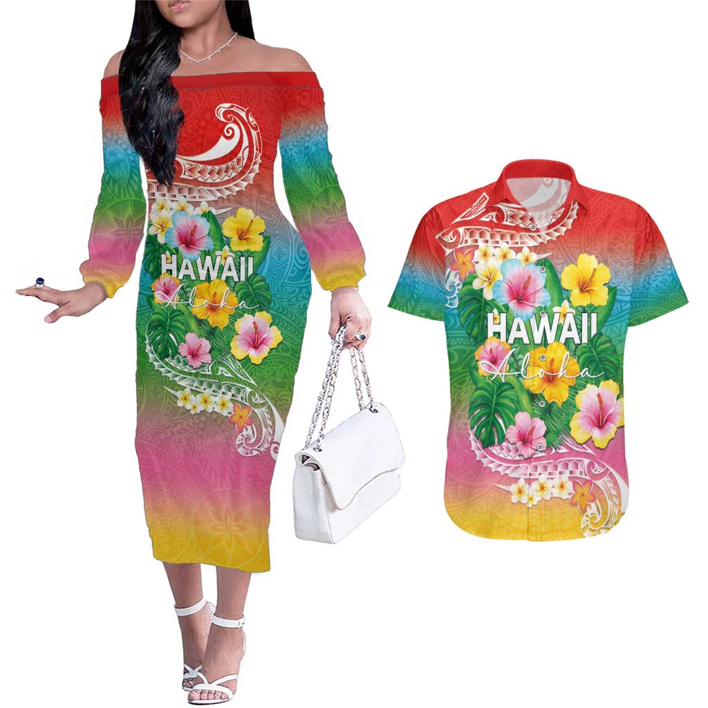 Hawaii Aloha Tropical Leaves and Flower Couples Matching Off The Shoulder Long Sleeve Dress and Hawaiian Shirt with Polynesian Art Tattoo Rainbow Color - Polynesian Pride