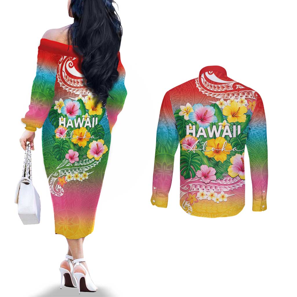 Hawaii Aloha Tropical Leaves and Flower Couples Matching Off The Shoulder Long Sleeve Dress and Long Sleeve Button Shirt with Polynesian Art Tattoo Rainbow Color - Polynesian Pride