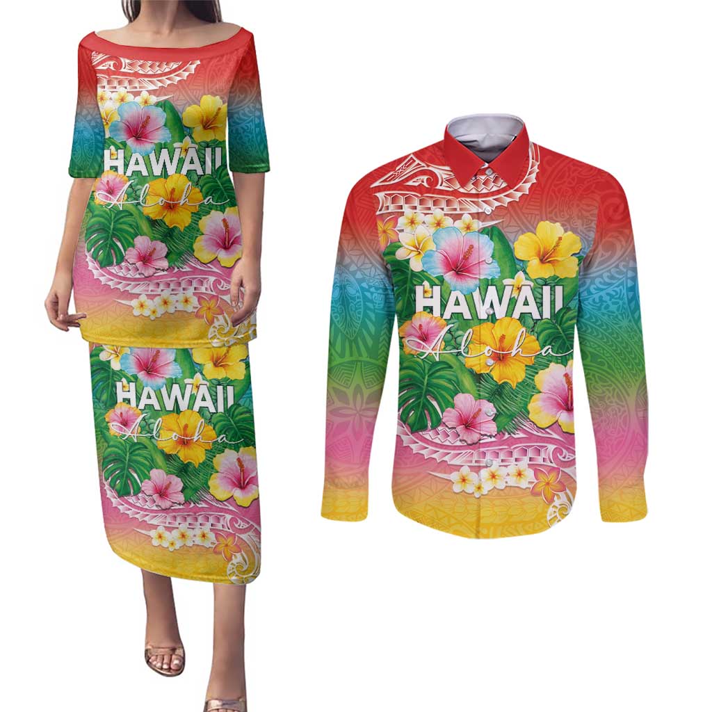 Hawaii Aloha Tropical Leaves and Flower Couples Matching Puletasi and Long Sleeve Button Shirt with Polynesian Art Tattoo Rainbow Color - Polynesian Pride