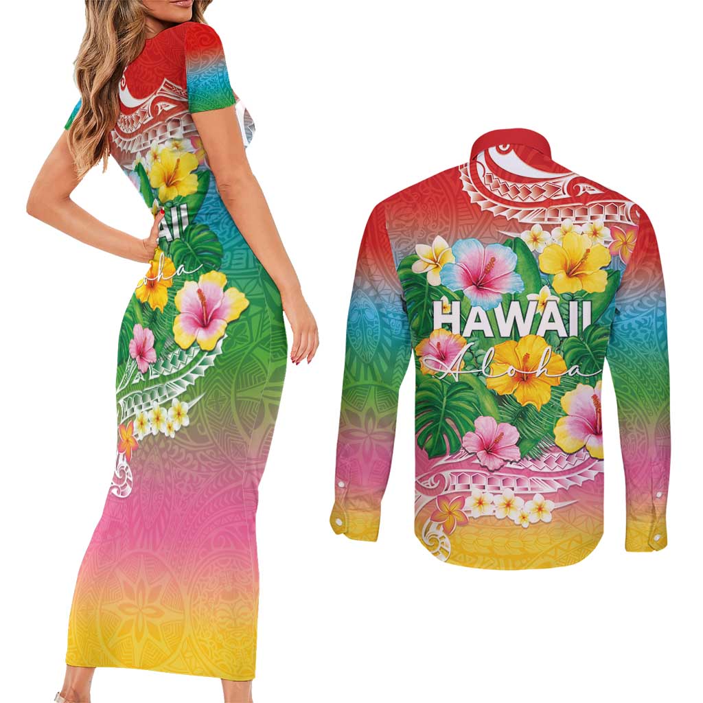 Hawaii Aloha Tropical Leaves and Flower Couples Matching Short Sleeve Bodycon Dress and Long Sleeve Button Shirt with Polynesian Art Tattoo Rainbow Color - Polynesian Pride