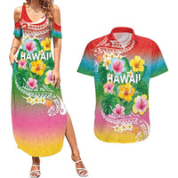Hawaii Aloha Tropical Leaves and Flower Couples Matching Summer Maxi Dress and Hawaiian Shirt with Polynesian Art Tattoo Rainbow Color - Polynesian Pride