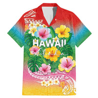 Hawaii Aloha Tropical Leaves and Flower Family Matching Mermaid Dress and Hawaiian Shirt with Polynesian Art Tattoo Rainbow Color - Polynesian Pride