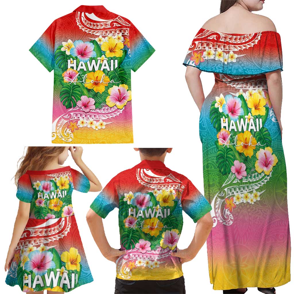 Hawaii Aloha Tropical Leaves and Flower Family Matching Off Shoulder Maxi Dress and Hawaiian Shirt with Polynesian Art Tattoo Rainbow Color - Polynesian Pride