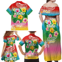 Hawaii Aloha Tropical Leaves and Flower Family Matching Off Shoulder Maxi Dress and Hawaiian Shirt with Polynesian Art Tattoo Rainbow Color - Polynesian Pride