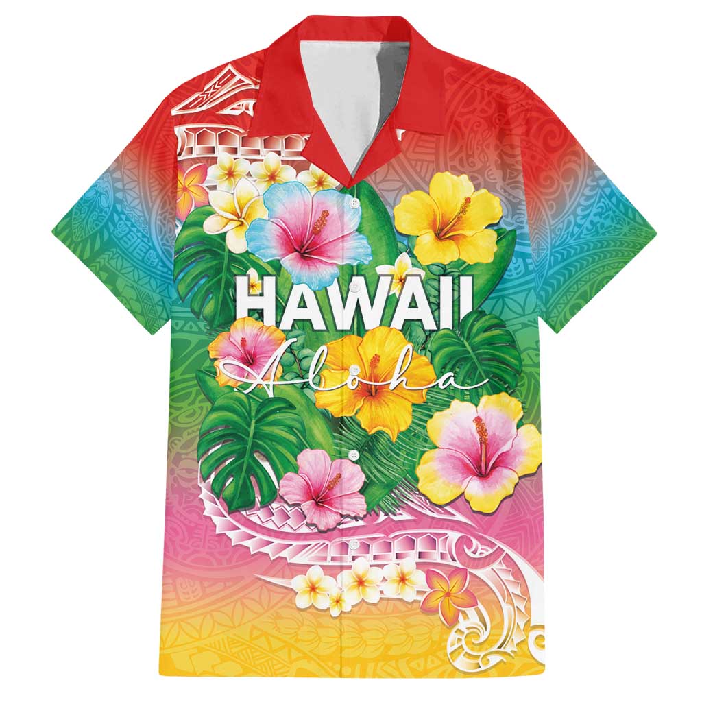 Hawaii Aloha Tropical Leaves and Flower Family Matching Off Shoulder Short Dress and Hawaiian Shirt with Polynesian Art Tattoo Rainbow Color - Polynesian Pride