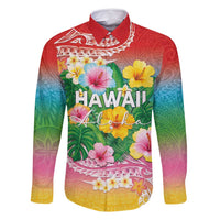 Hawaii Aloha Tropical Leaves and Flower Family Matching Off Shoulder Short Dress and Hawaiian Shirt with Polynesian Art Tattoo Rainbow Color - Polynesian Pride