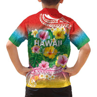 Hawaii Aloha Tropical Leaves and Flower Family Matching Puletasi and Hawaiian Shirt with Polynesian Art Tattoo Rainbow Color - Polynesian Pride