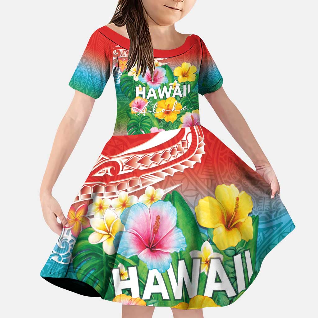 Hawaii Aloha Tropical Leaves and Flower Family Matching Puletasi and Hawaiian Shirt with Polynesian Art Tattoo Rainbow Color - Polynesian Pride