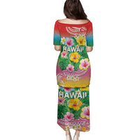 Hawaii Aloha Tropical Leaves and Flower Family Matching Puletasi and Hawaiian Shirt with Polynesian Art Tattoo Rainbow Color - Polynesian Pride