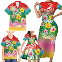 Hawaii Aloha Tropical Leaves and Flower Family Matching Short Sleeve Bodycon Dress and Hawaiian Shirt with Polynesian Art Tattoo Rainbow Color - Polynesian Pride