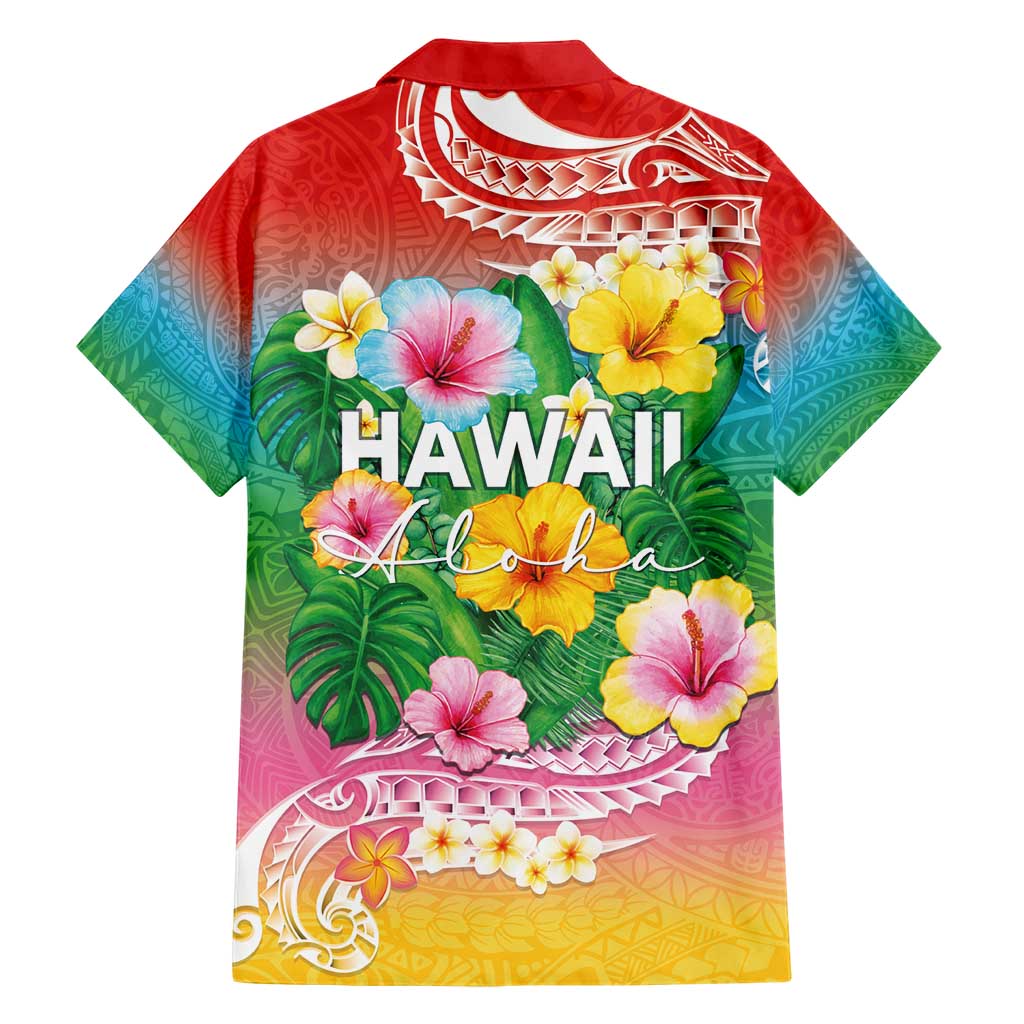 Hawaii Aloha Tropical Leaves and Flower Family Matching Short Sleeve Bodycon Dress and Hawaiian Shirt with Polynesian Art Tattoo Rainbow Color - Polynesian Pride