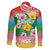 Hawaii Aloha Tropical Leaves and Flower Family Matching Short Sleeve Bodycon Dress and Hawaiian Shirt with Polynesian Art Tattoo Rainbow Color - Polynesian Pride
