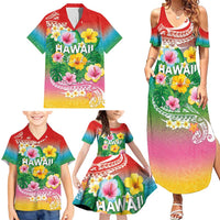 Hawaii Aloha Tropical Leaves and Flower Family Matching Summer Maxi Dress and Hawaiian Shirt with Polynesian Art Tattoo Rainbow Color - Polynesian Pride
