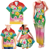 Hawaii Aloha Tropical Leaves and Flower Family Matching Tank Maxi Dress and Hawaiian Shirt with Polynesian Art Tattoo Rainbow Color - Polynesian Pride