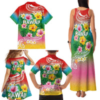 Hawaii Aloha Tropical Leaves and Flower Family Matching Tank Maxi Dress and Hawaiian Shirt with Polynesian Art Tattoo Rainbow Color - Polynesian Pride