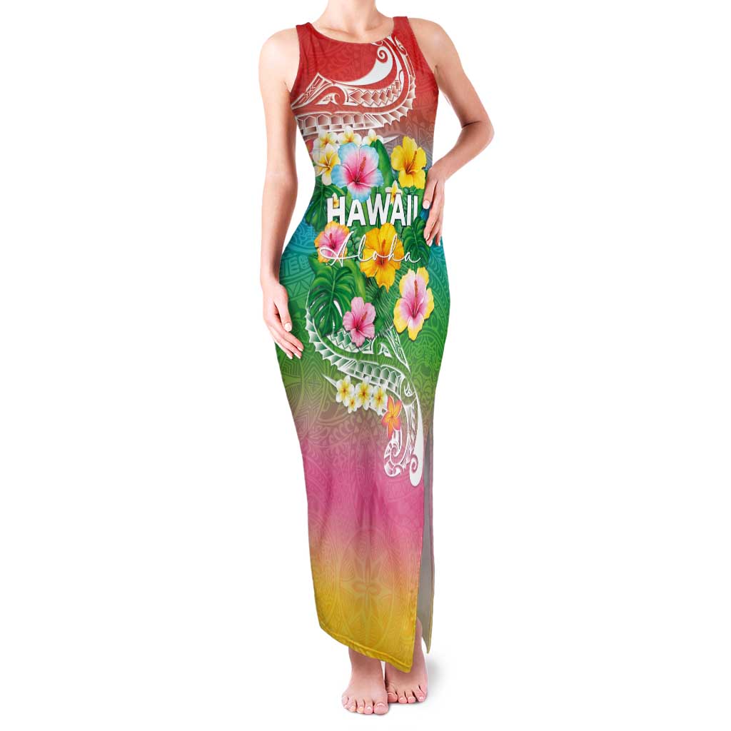 Hawaii Aloha Tropical Leaves and Flower Family Matching Tank Maxi Dress and Hawaiian Shirt with Polynesian Art Tattoo Rainbow Color - Polynesian Pride