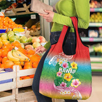 Hawaii Aloha Tropical Leaves and Flower Grocery Bag with Polynesian Art Tattoo Rainbow Color - Polynesian Pride