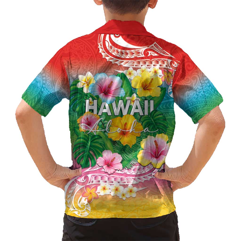 Hawaii Aloha Tropical Leaves and Flower Hawaiian Shirt with Polynesian Art Tattoo Rainbow Color - Polynesian Pride