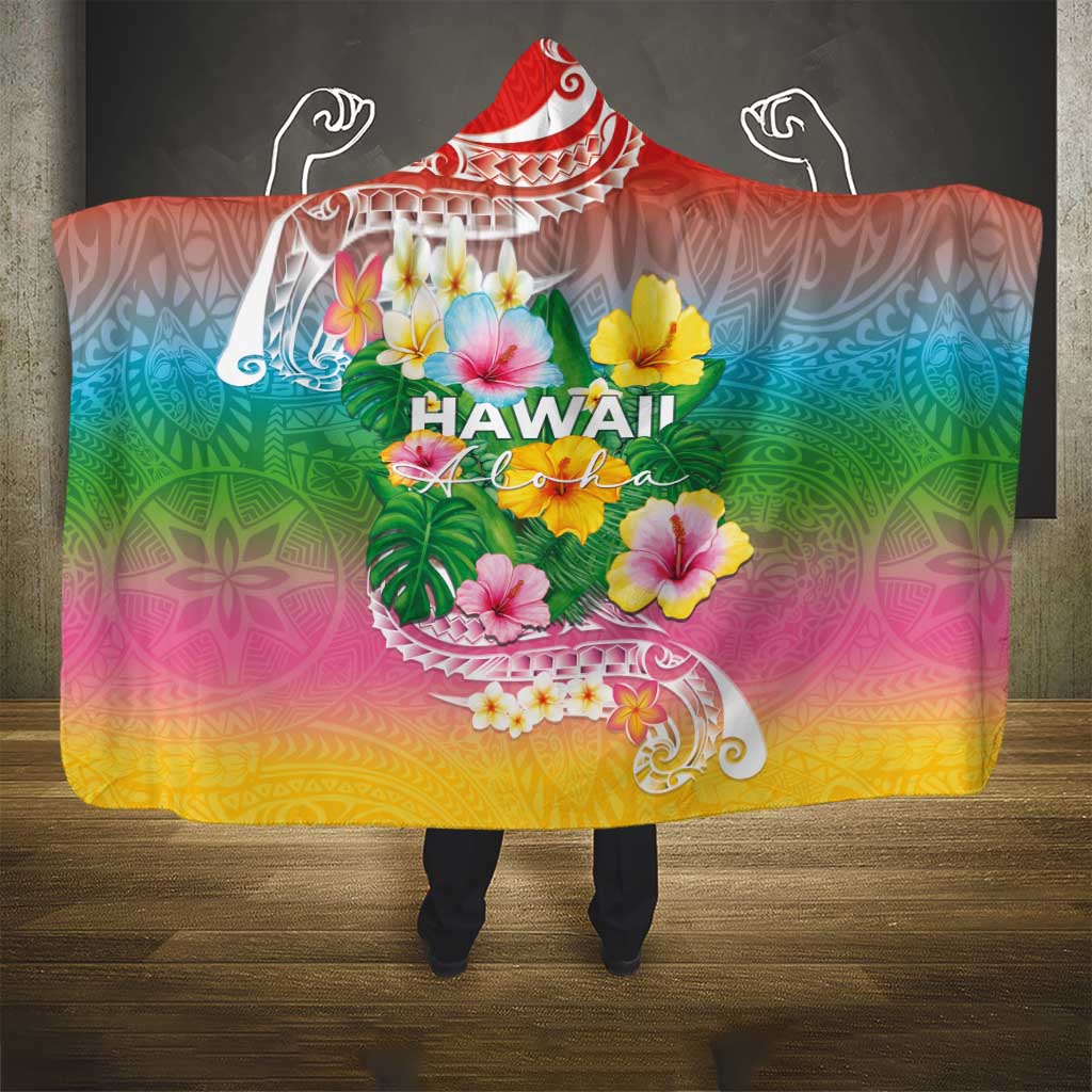 Hawaii Aloha Tropical Leaves and Flower Hooded Blanket with Polynesian Art Tattoo Rainbow Color - Polynesian Pride