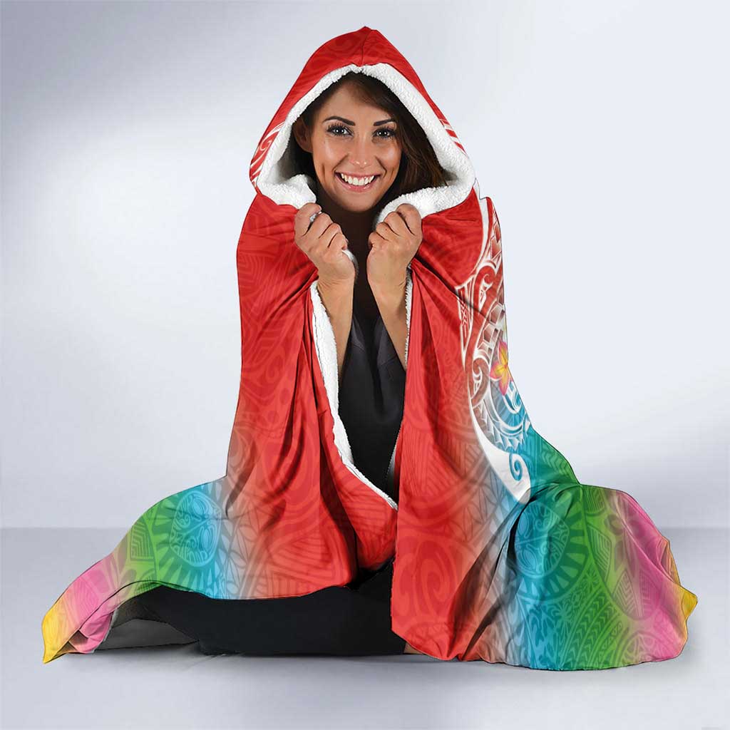 Hawaii Aloha Tropical Leaves and Flower Hooded Blanket with Polynesian Art Tattoo Rainbow Color - Polynesian Pride