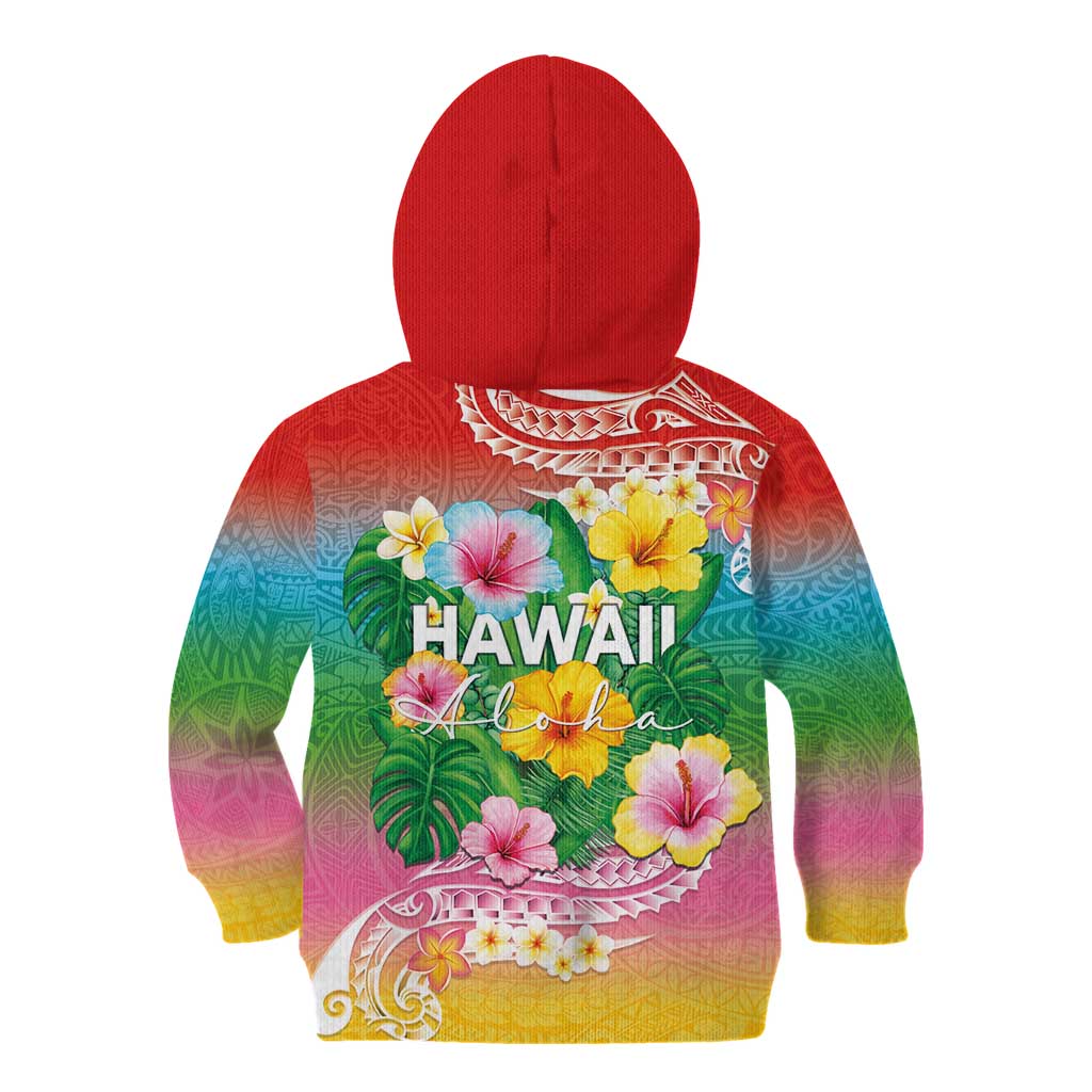 Hawaii Aloha Tropical Leaves and Flower Kid Hoodie with Polynesian Art Tattoo Rainbow Color - Polynesian Pride
