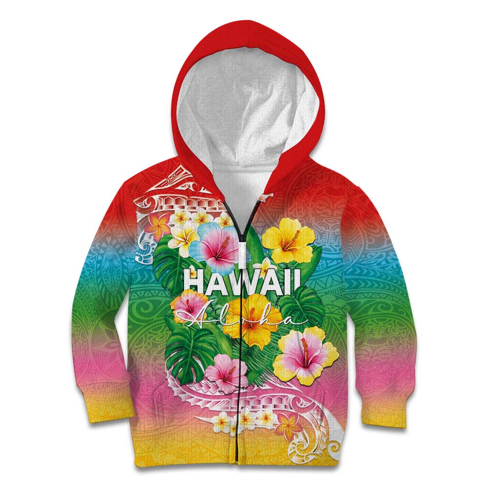 Hawaii Aloha Tropical Leaves and Flower Kid Hoodie with Polynesian Art Tattoo Rainbow Color - Polynesian Pride