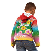 Hawaii Aloha Tropical Leaves and Flower Kid Hoodie with Polynesian Art Tattoo Rainbow Color - Polynesian Pride