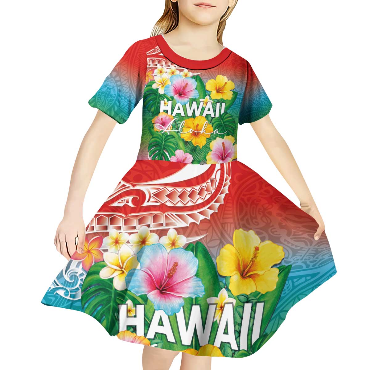 Hawaii Aloha Tropical Leaves and Flower Kid Short Sleeve Dress with Polynesian Art Tattoo Rainbow Color - Polynesian Pride