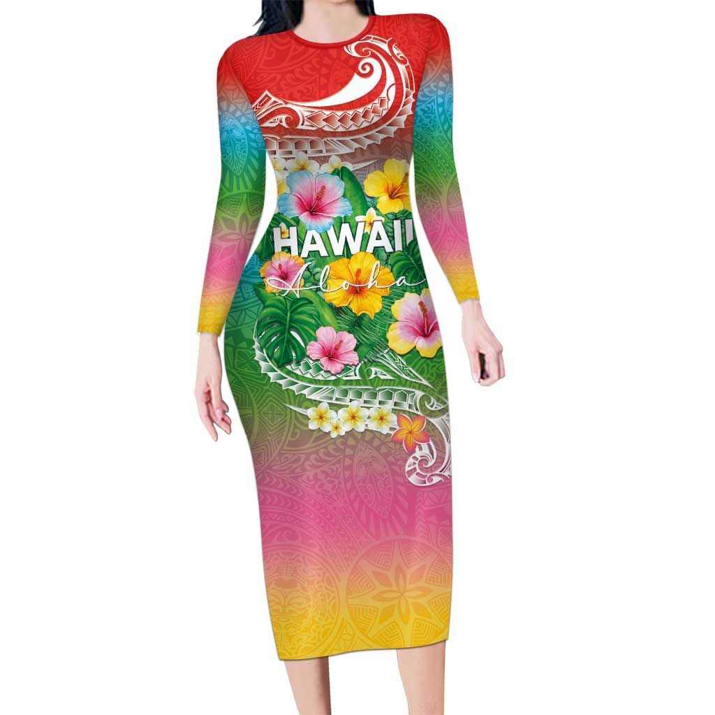 Hawaii Aloha Tropical Leaves and Flower Long Sleeve Bodycon Dress with Polynesian Art Tattoo Rainbow Color - Polynesian Pride