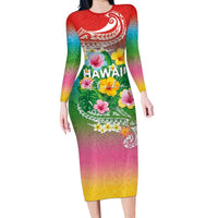 Hawaii Aloha Tropical Leaves and Flower Long Sleeve Bodycon Dress with Polynesian Art Tattoo Rainbow Color - Polynesian Pride