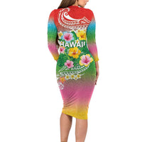 Hawaii Aloha Tropical Leaves and Flower Long Sleeve Bodycon Dress with Polynesian Art Tattoo Rainbow Color - Polynesian Pride