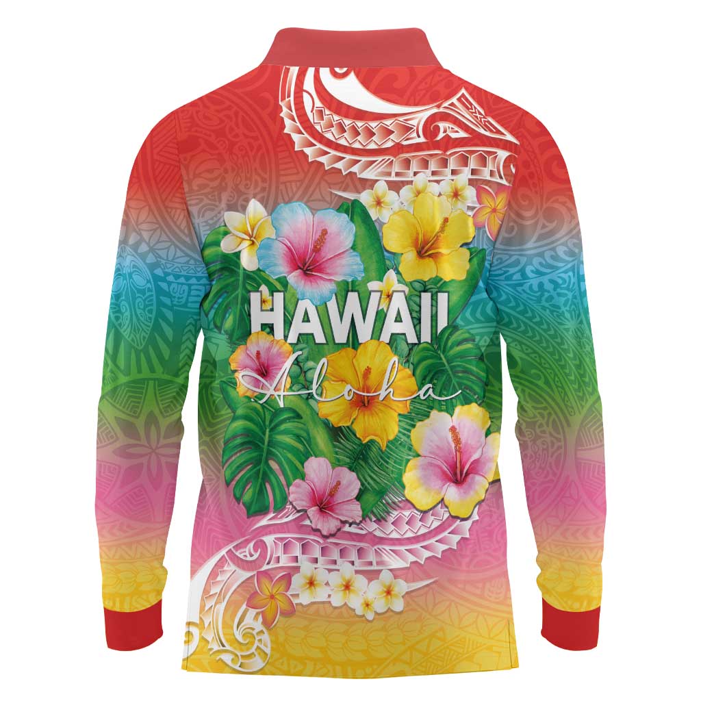 Hawaii Aloha Tropical Leaves and Flower Long Sleeve Polo Shirt with Polynesian Art Tattoo Rainbow Color - Polynesian Pride