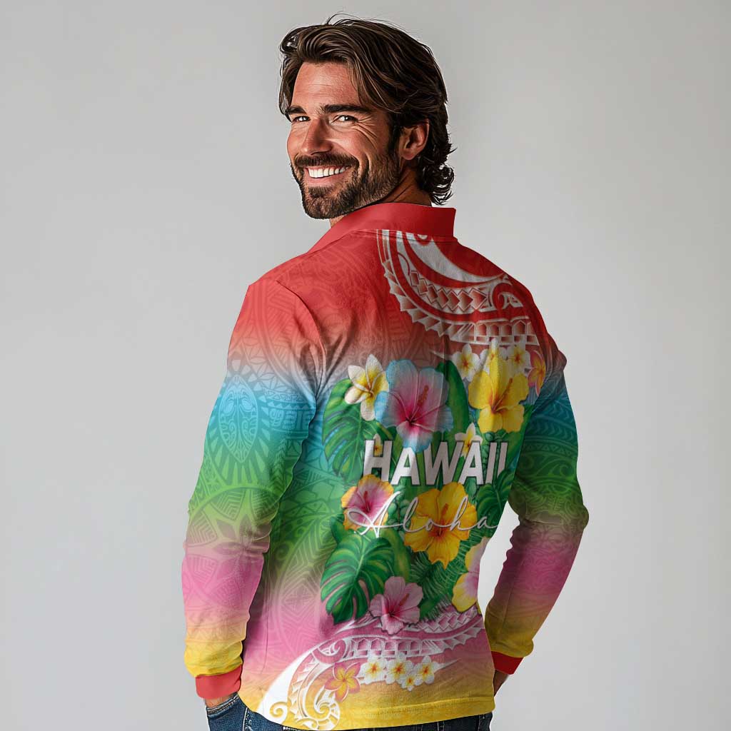 Hawaii Aloha Tropical Leaves and Flower Long Sleeve Polo Shirt with Polynesian Art Tattoo Rainbow Color - Polynesian Pride