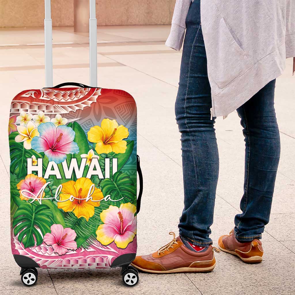 Hawaii Aloha Tropical Leaves and Flower Luggage Cover with Polynesian Art Tattoo Rainbow Color - Polynesian Pride