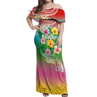 Hawaii Aloha Tropical Leaves and Flower Off Shoulder Maxi Dress with Polynesian Art Tattoo Rainbow Color - Polynesian Pride