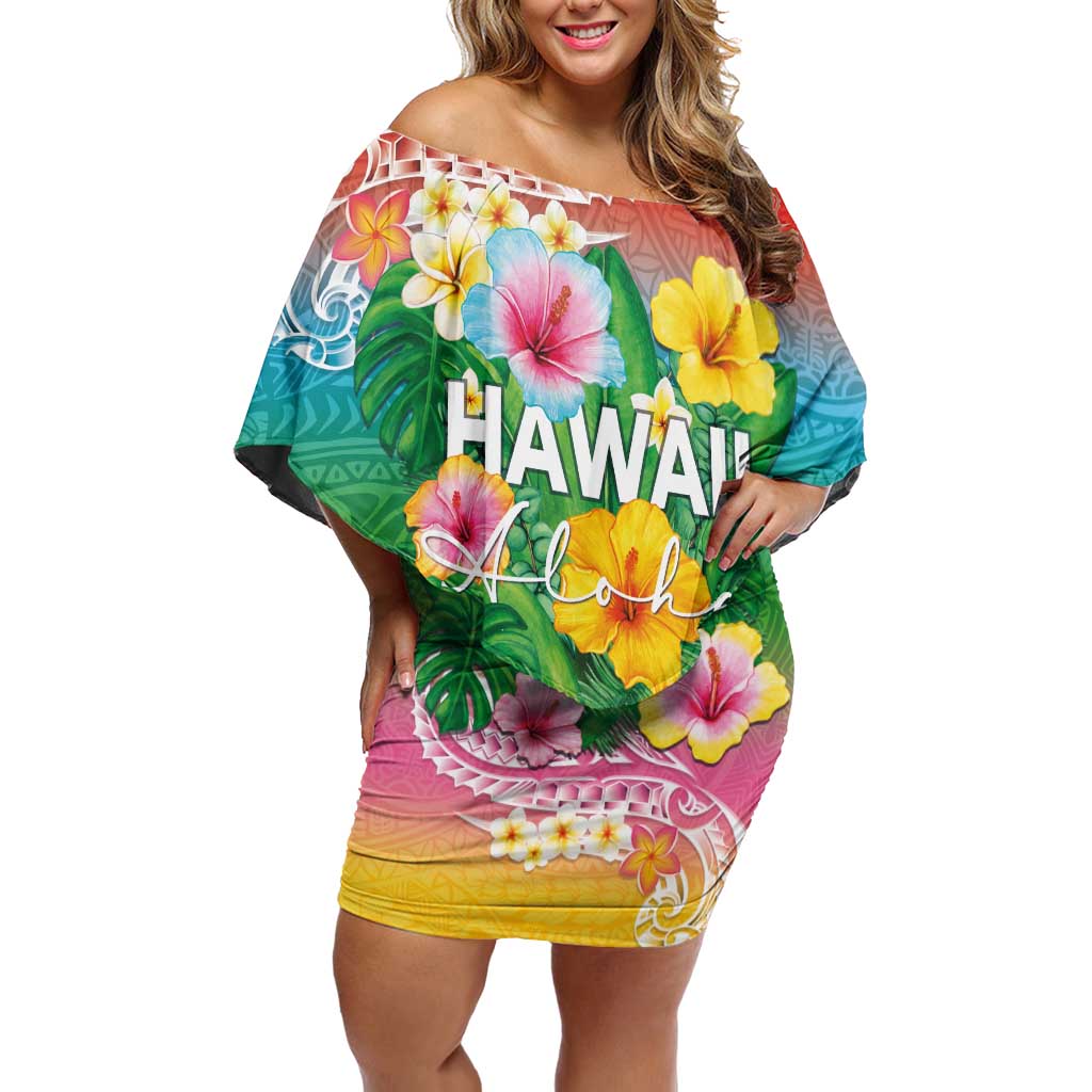 Hawaii Aloha Tropical Leaves and Flower Off Shoulder Short Dress with Polynesian Art Tattoo Rainbow Color - Polynesian Pride