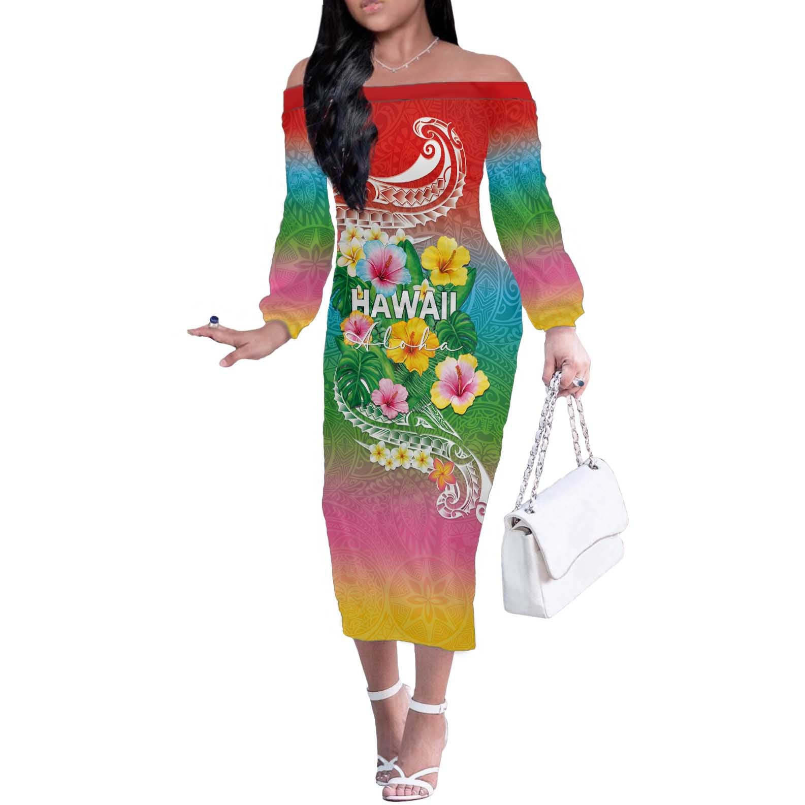 Hawaii Aloha Tropical Leaves and Flower Off The Shoulder Long Sleeve Dress with Polynesian Art Tattoo Rainbow Color - Polynesian Pride