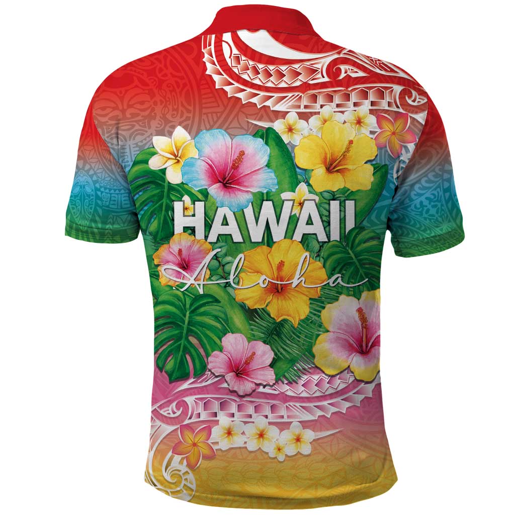 Hawaii Aloha Tropical Leaves and Flower Polo Shirt with Polynesian Art Tattoo Rainbow Color - Polynesian Pride