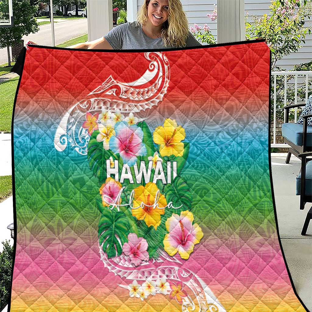 Hawaii Aloha Tropical Leaves and Flower Quilt with Polynesian Art Tattoo Rainbow Color - Polynesian Pride