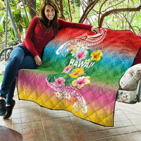 Hawaii Aloha Tropical Leaves and Flower Quilt with Polynesian Art Tattoo Rainbow Color - Polynesian Pride