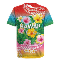 Hawaii Aloha Tropical Leaves and Flower Rugby Jersey with Polynesian Art Tattoo Rainbow Color - Polynesian Pride
