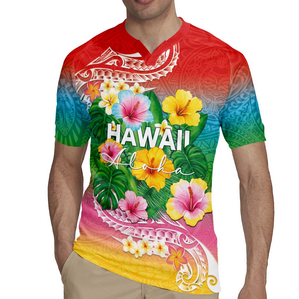 Hawaii Aloha Tropical Leaves and Flower Rugby Jersey with Polynesian Art Tattoo Rainbow Color - Polynesian Pride